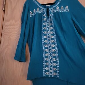 Emerald Teal Blouse with White Embroidery